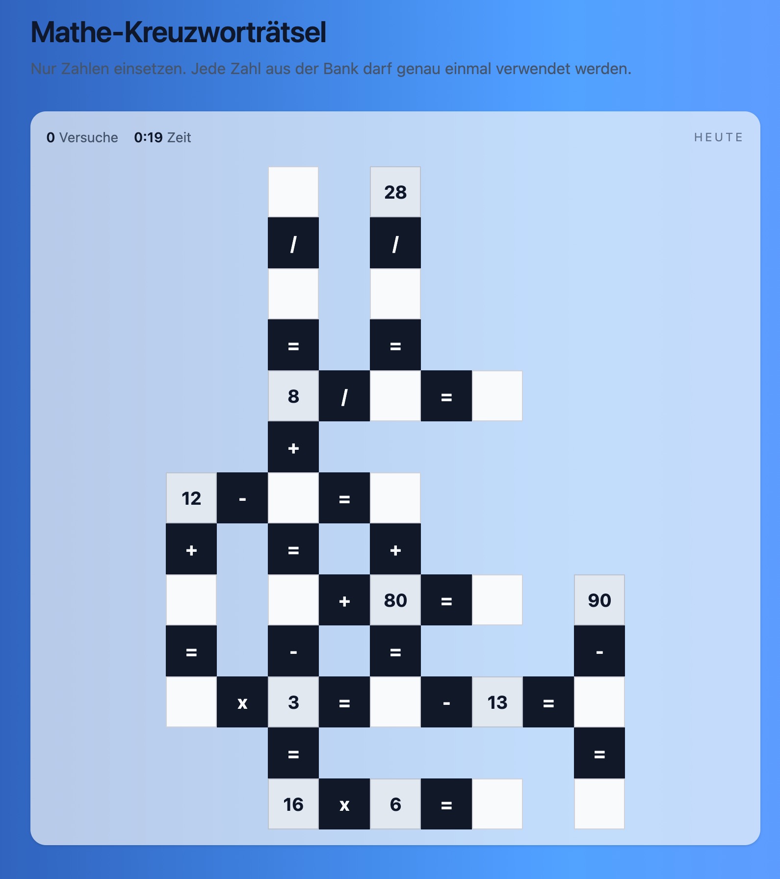 MatheKreuzwort – Mathe-Kreuzworträtsel - Tägliches Zahlenrätsel mit Grundrechenarten.