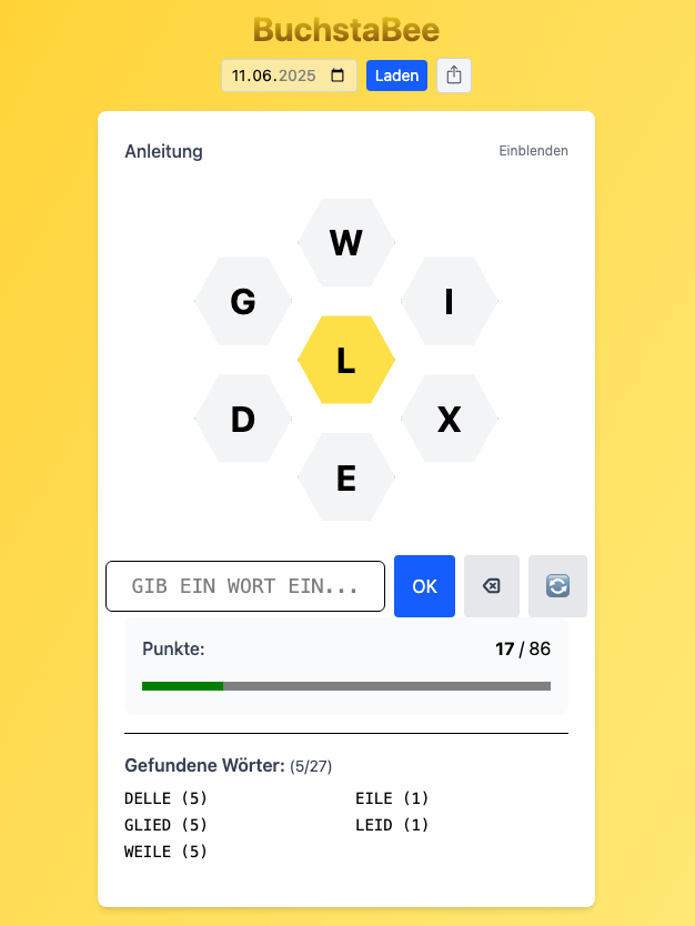 BuchstaBee – Spelling Bee - Wortfindungsspiel mit Buchstaben.