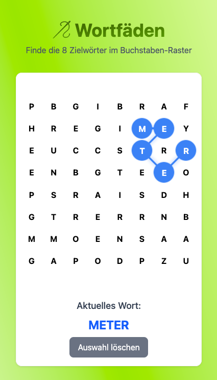 Wortfäden – Wortfäden - Verbinde Buchstaben und finde versteckte Wörter im Gitter.