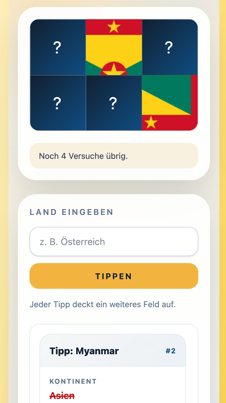 Flagle – Errate die Flagge des Tages mit täglich deterministischer Aufdeckreihenfolge und Feedback zu Kontinent, Region und Ähnlichkeit.