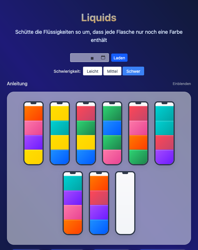 Liquids – Liquids - Ein tägliches Puzzle-Spiel in 3 unterschiedlichen Schwierigkeitsstufen. Sortiere farbige Flüssigkeiten in Flaschen.